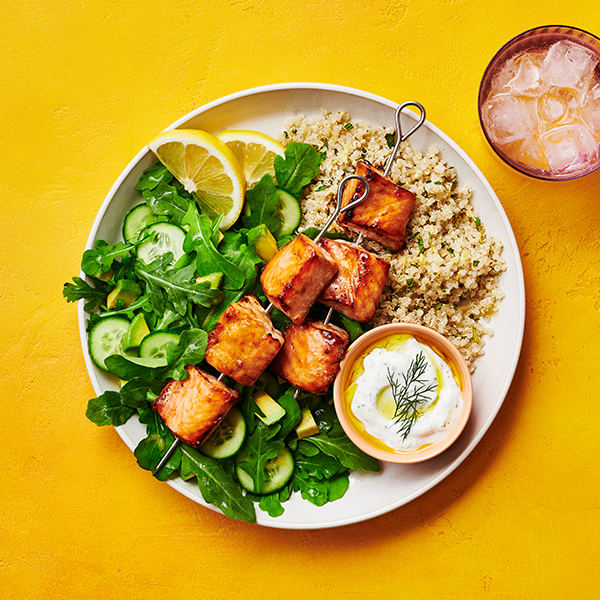 Citrus Salmon Skewers with Unruly Arugula