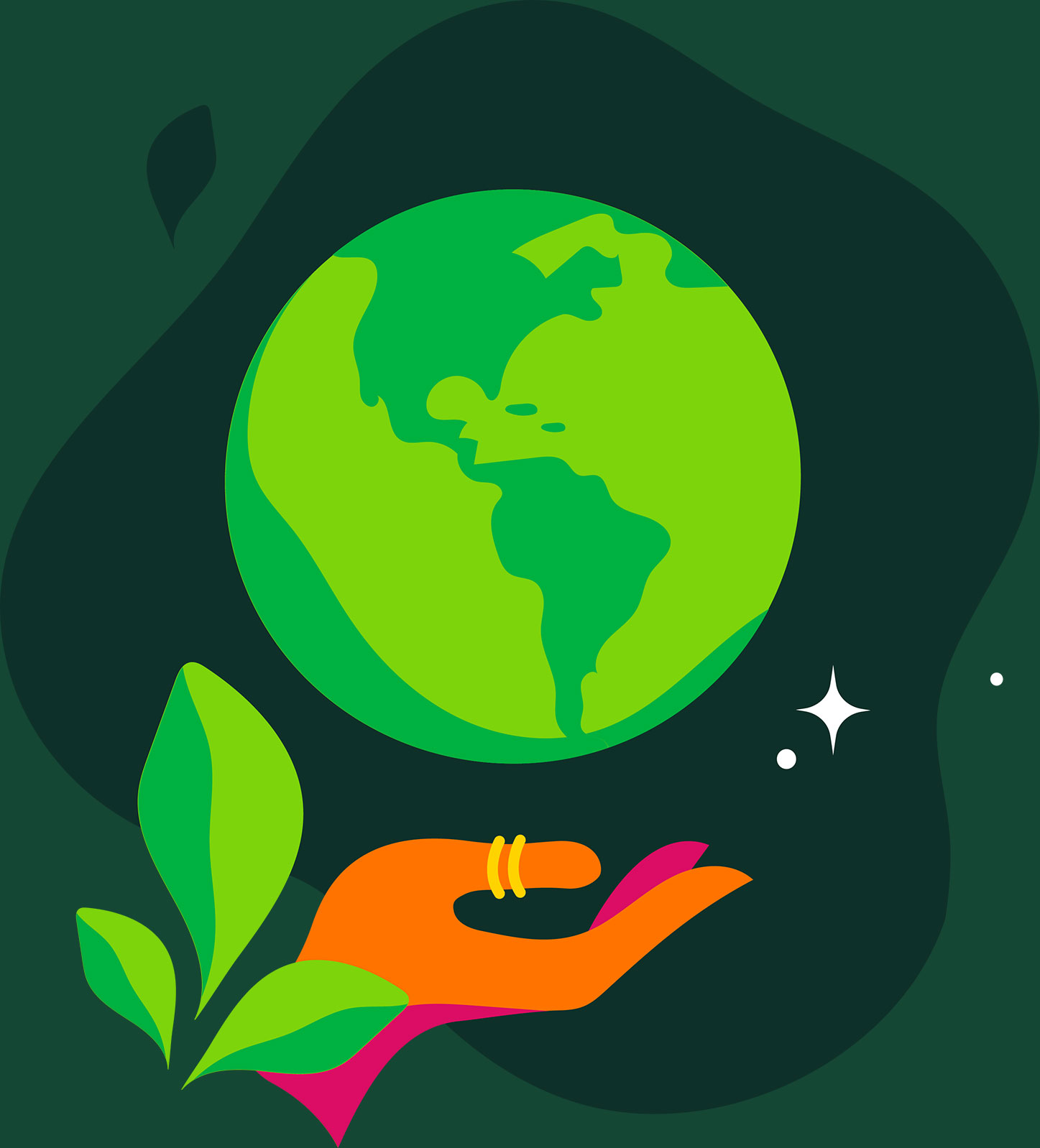 Illustration of hand holding up earth with leaves